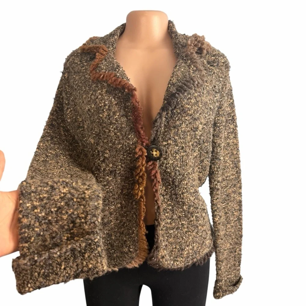 Coldwater Creek Rustic Boho Brown Wool Blend Knit Tweed Cardigan